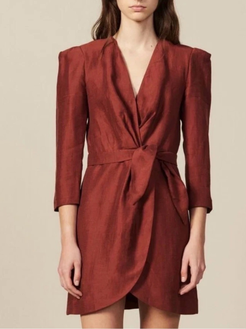 SANDRO Vera Wrap Linen Blend Mini Dress Red Wine‎ Sz 38 US Size Small (4-6)